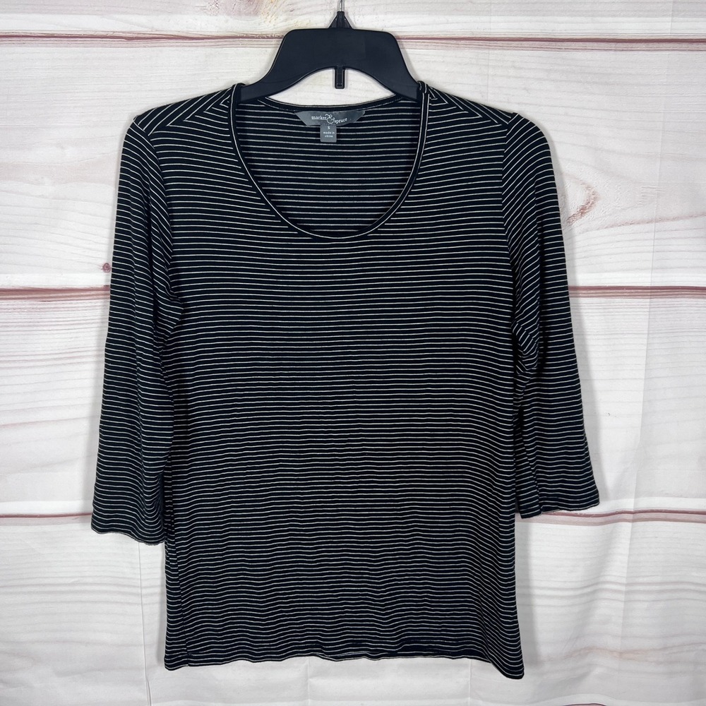 Market & Spruce Top Women Small Black Striped 3/4 Sleeve Modal Blend Scoop Neck